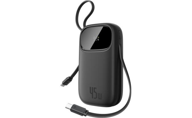 Baseus Powerbank 20000mAh 45W with Integrated USB-C Cable, Power Bank PD3.0 QC4.0 Fast Charging Battery Pack, 3 C and 1 A, Portable Charger for iPhone 17/Air/16/15/14 Pro Max, iPad, Galaxy, Black